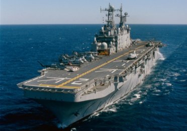 Aircraft carrier in the open ocean.